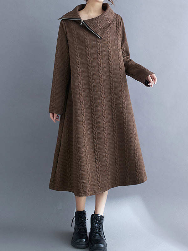 Asymmetric Solid Color Zipper A-Line Long Sleeves Asymmetric Collar Midi Dresses