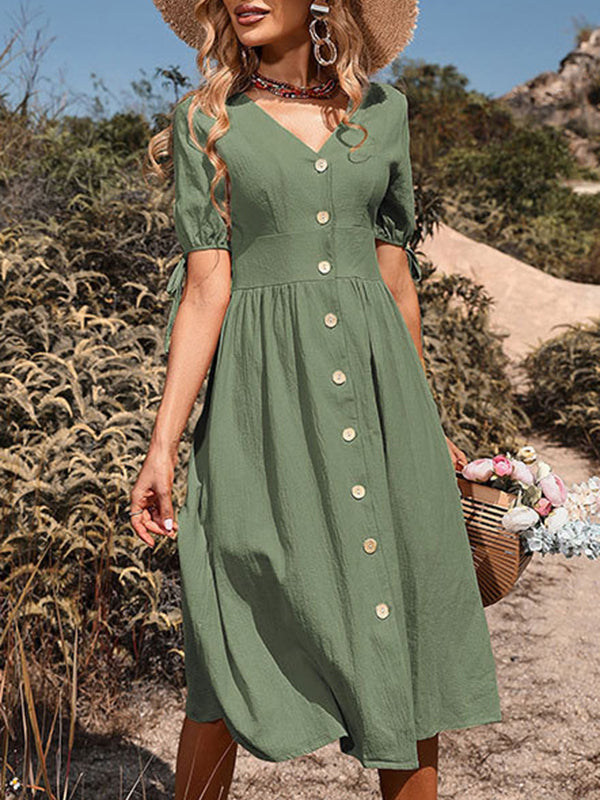 Buttoned Hollow Pleated Split-Joint Tied A-line High Waisted V-neck Midi Dresses