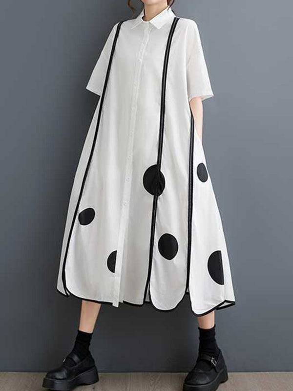 Buttoned Pockets Polka-Dot Split-Front Split-Joint A-Line Half Sleeves Lapel Shirt Dress Midi Dresses