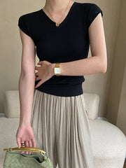 Solid Color Short Sleeves Skinny V-Neck T-Shirts