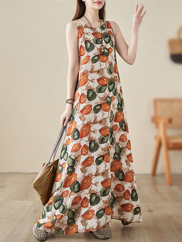 Printed Loose Sleeveless Round-Neck Midi Dresses