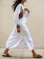 Pleated Solid Color Split-Joint Split-side Long Sleeves Loose Round-neck Shirt Dress Midi Dresses