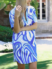 Contrast Color Pockets Loose Short Sleeves V-Neck Mini Dresses