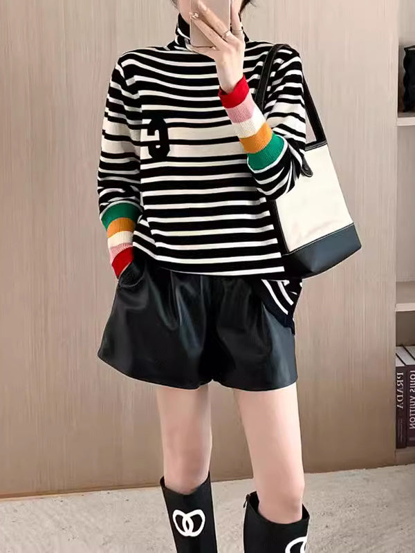 Contrast Color Knitted Letters Split-Joint Striped Long Sleeves Loose High Neck Sweater Tops Pullovers