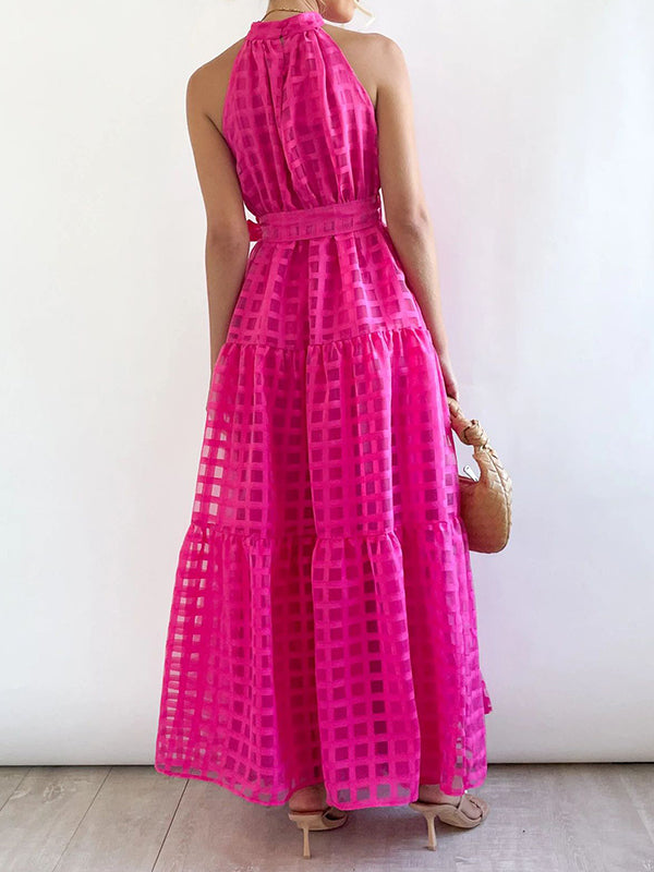 Plaid Ribbed Loose Sleeveless Stand Collar Maxi Dresses