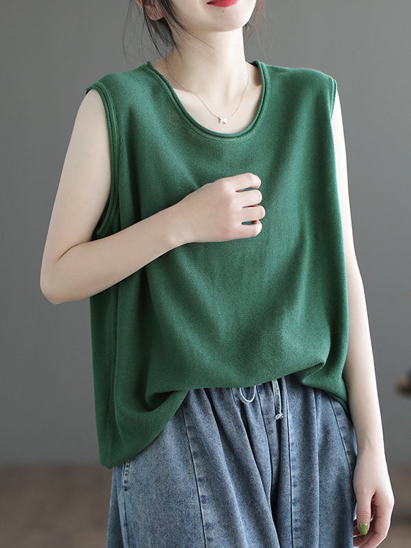 Solid Color Loose Sleeveless Round-neck Knitting Vest Top