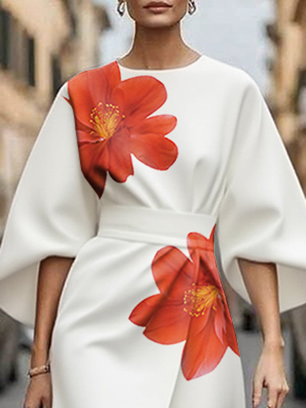 Asymmetric Floral Printed Split-Joint Three-quarter Sleeves Round-neck Midi Dresses