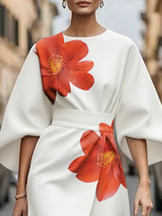 Asymmetric Floral Printed Split-Joint Three-quarter Sleeves Round-neck Midi Dresses