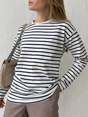 Striped Long Sleeves Loose Round-Neck T-Shirts Tops