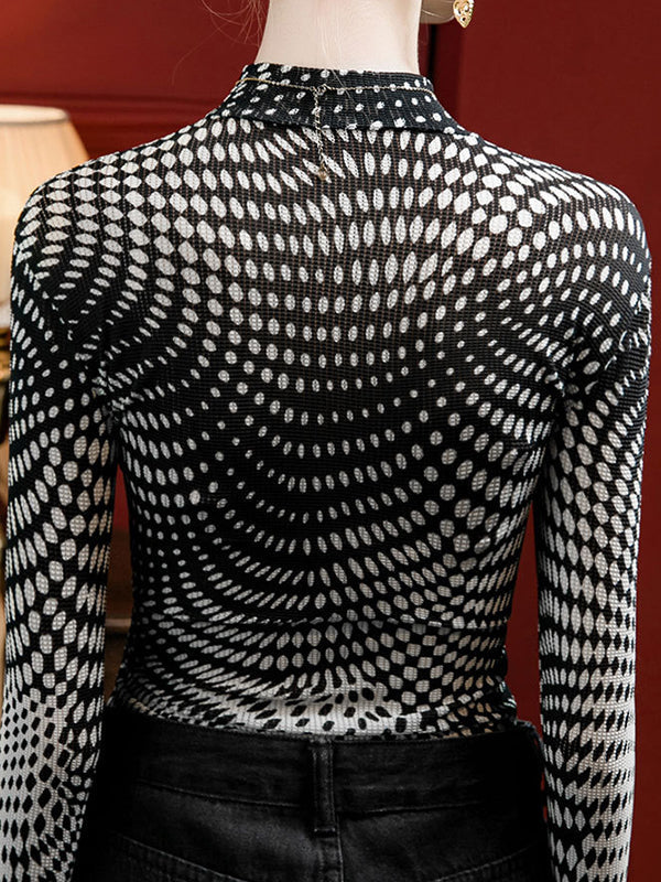 Contrast Color Printed Long Sleeves Plus Size Mock Neck T-Shirts Tops