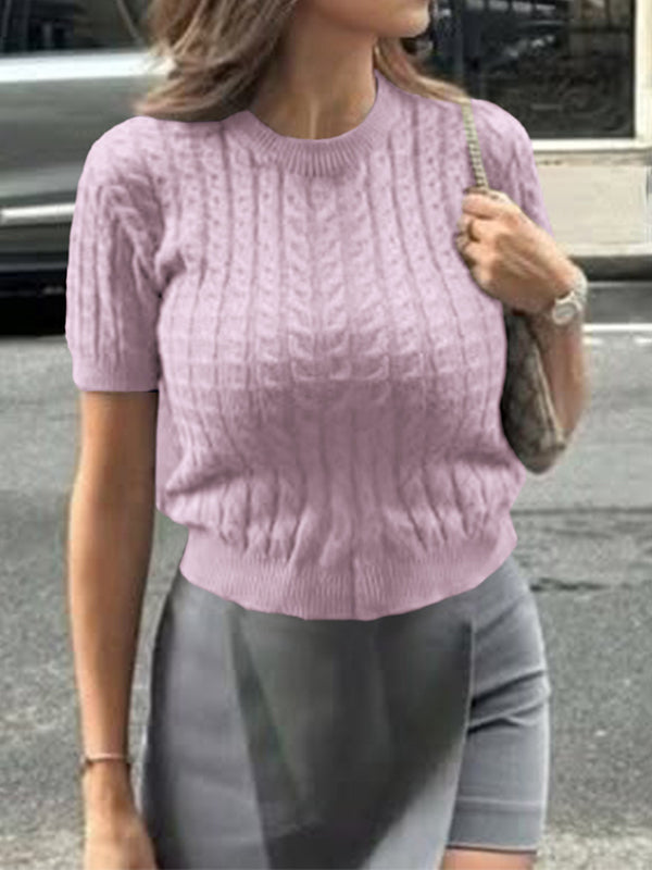 Solid Color Split-Joint Short Sleeves Round-neck Sweater Tops Pullovers