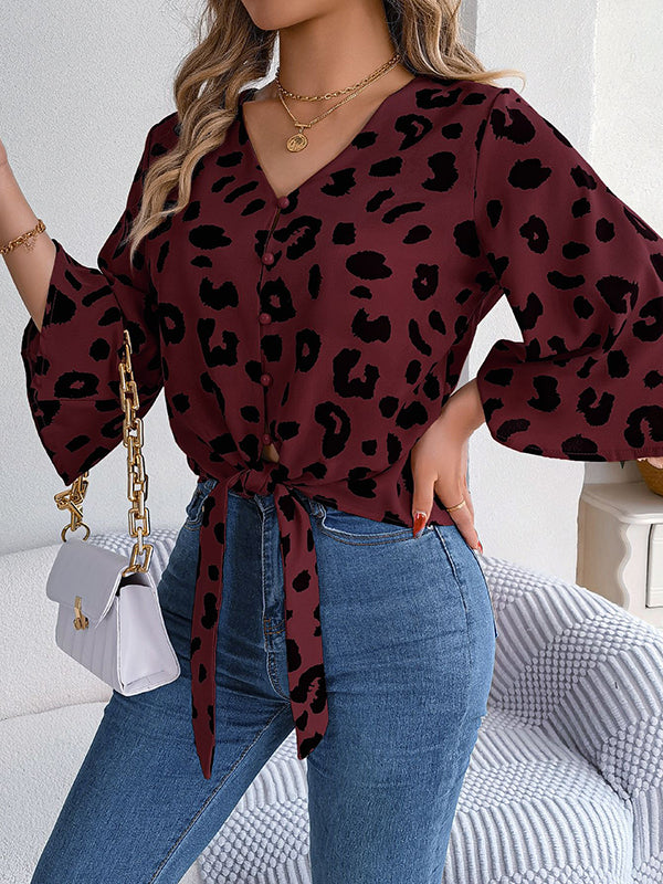Buttoned Leopard Tied Flared Sleeves Half Sleeves V-Neck Blouses&Shirts Tops