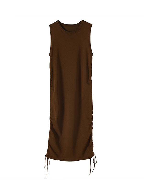 Drawstring Solid Color Loose Sleeveless Round-Neck Mini Dresses