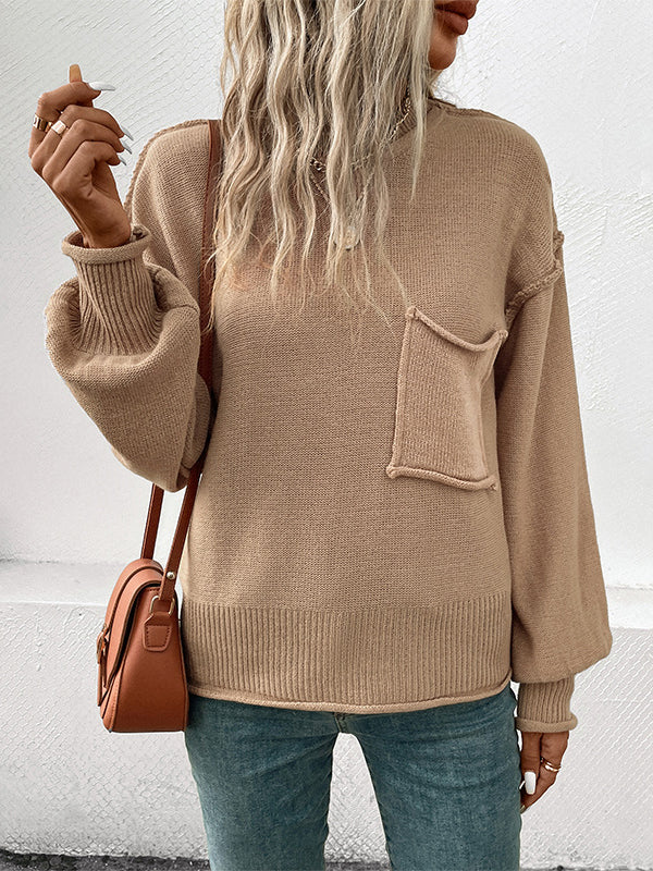 Pockets Solid Color Split-Joint Long Sleeves Loose Round-Neck Sweater Tops Pullovers