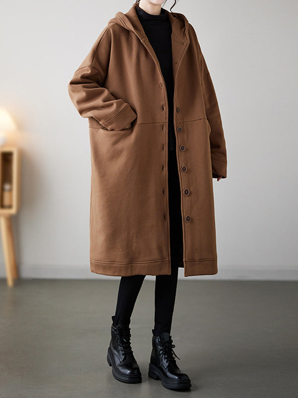 Buttoned Pockets Long Sleeves Loose Hooded Outerwear