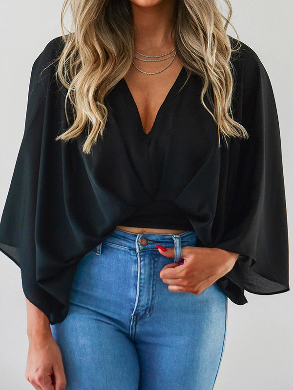 Solid Color Loose Three-quarter Sleeves Deep V-Neck Blouses&shirts Tops