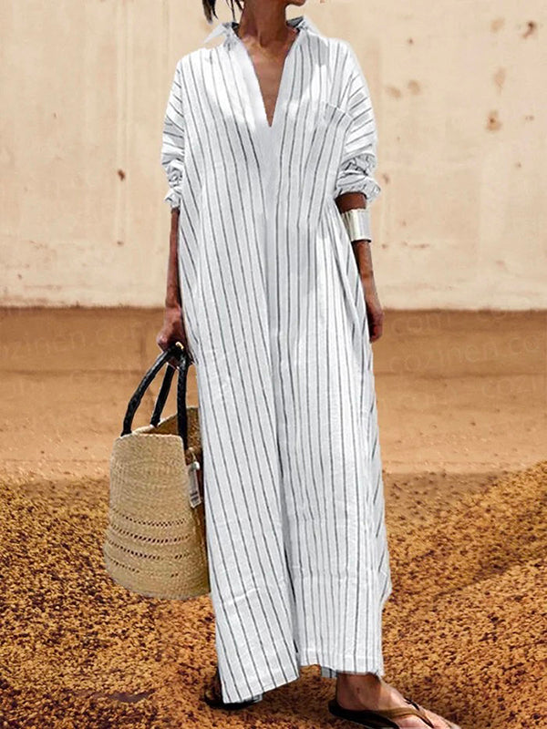 Striped Long Sleeves Lapel Maxi Dresses