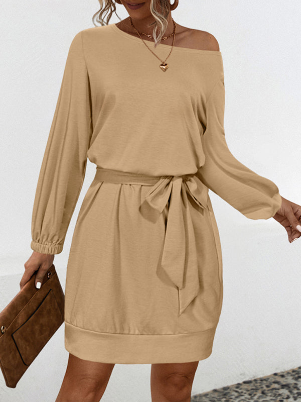 Elasticity Solid Color Tied Waist Long Sleeves Loose One-Shoulder Mini Dresses