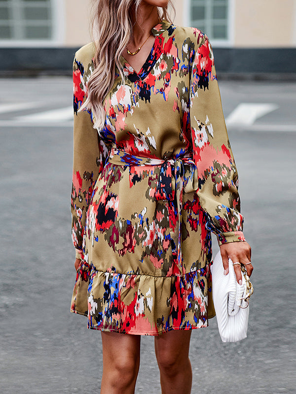 Printed Split-Joint Tied Waist Long Sleeves Loose V-Neck Mini Dresses