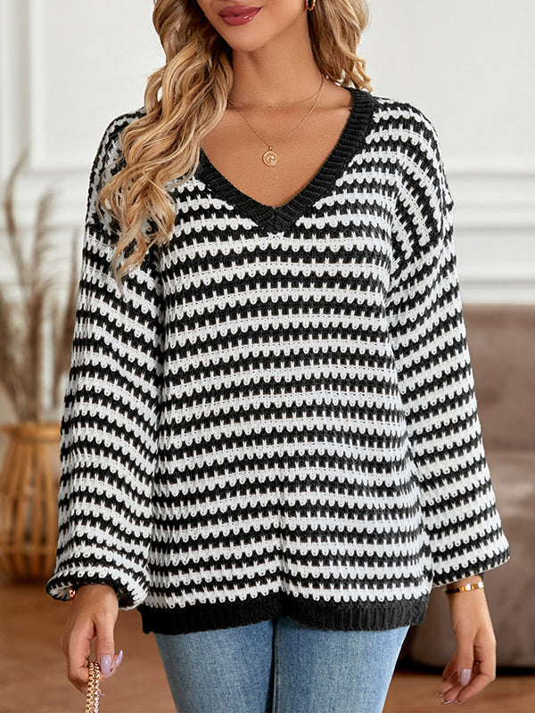 Striped Long Sleeves Loose V-Neck Sweater Tops Pullovers