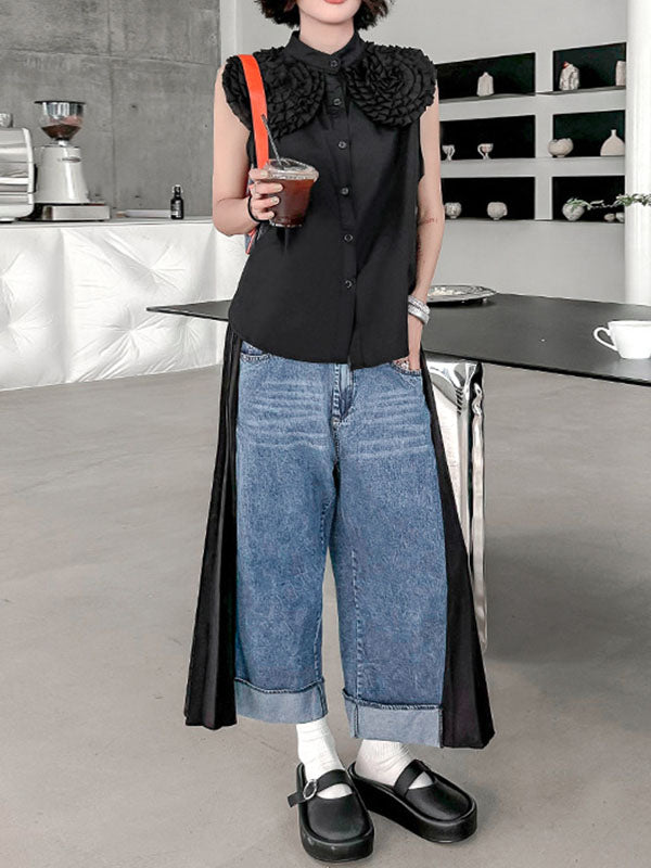 Contrast Color Pleated Split-Joint Loose Ninth Pants Wide Leg Jean Pants Bottoms