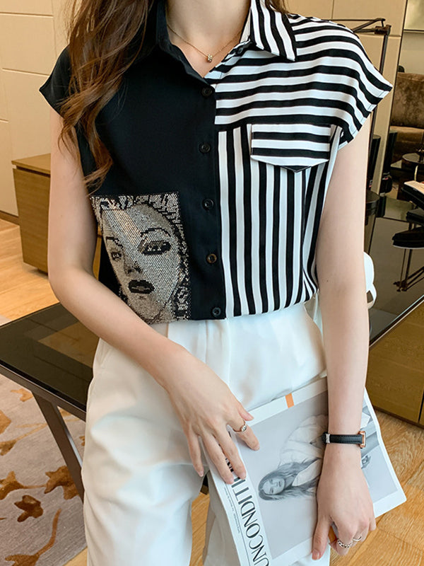 Asymmetric Figure Printed Cap Sleeve Loose Lapel Blouses&Shirts Tops
