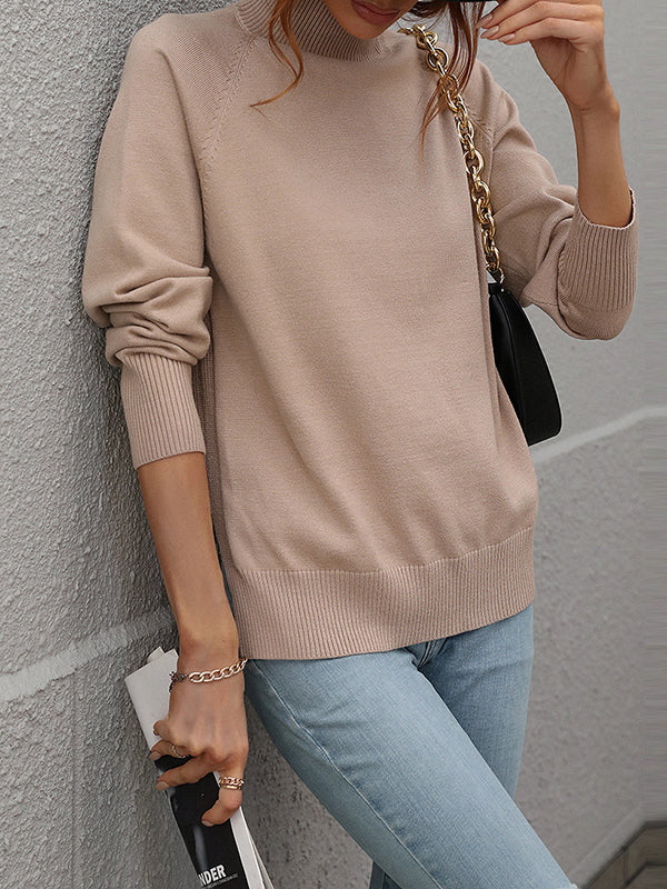 Solid Color Split-Side High-Low Long Sleeves High Neck Sweater Tops Pullovers