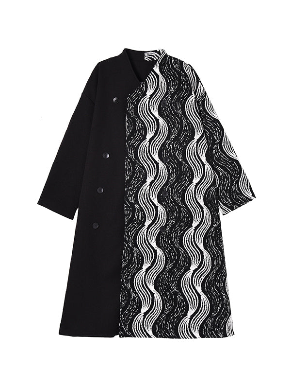 Buttoned Contrast Color Pockets Long Sleeves Loose Stand Collar Woolen Coat