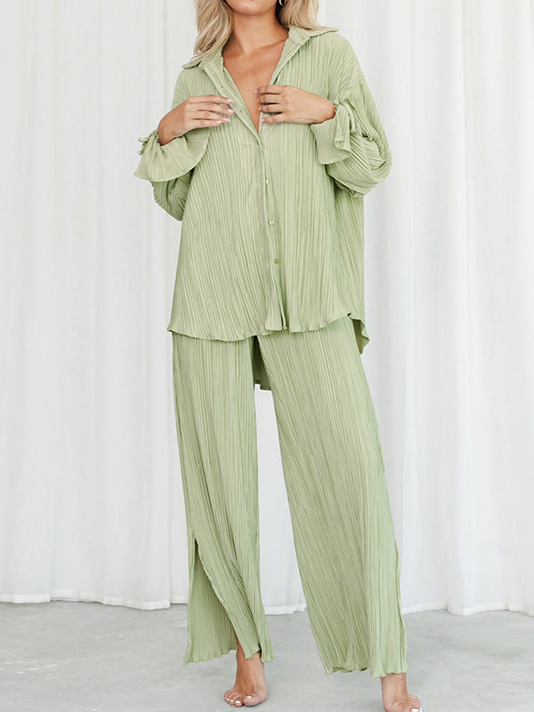 Solid Color Flared Sleeves Long Sleeves Buttoned Drawstring Pleated Split-Side Lapel Shirts Top + Pants Bottom Pajama Sets