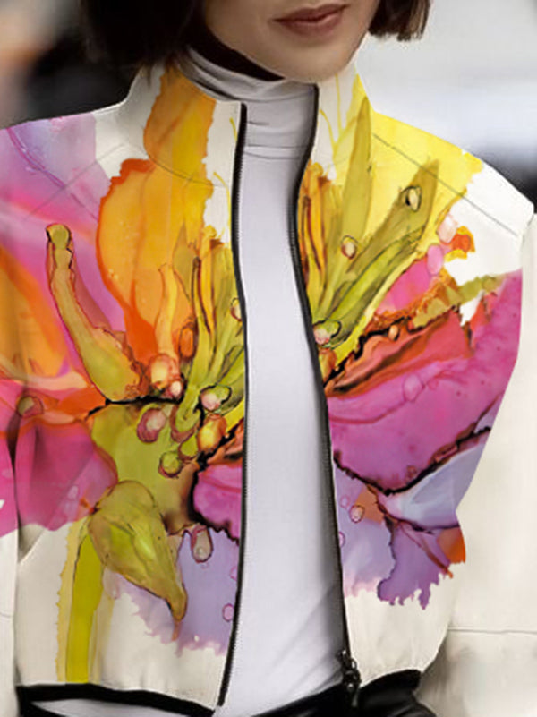 Asymmetric Floral Printed Split-Joint Loose Puff Sleeves High Neck Outerwear