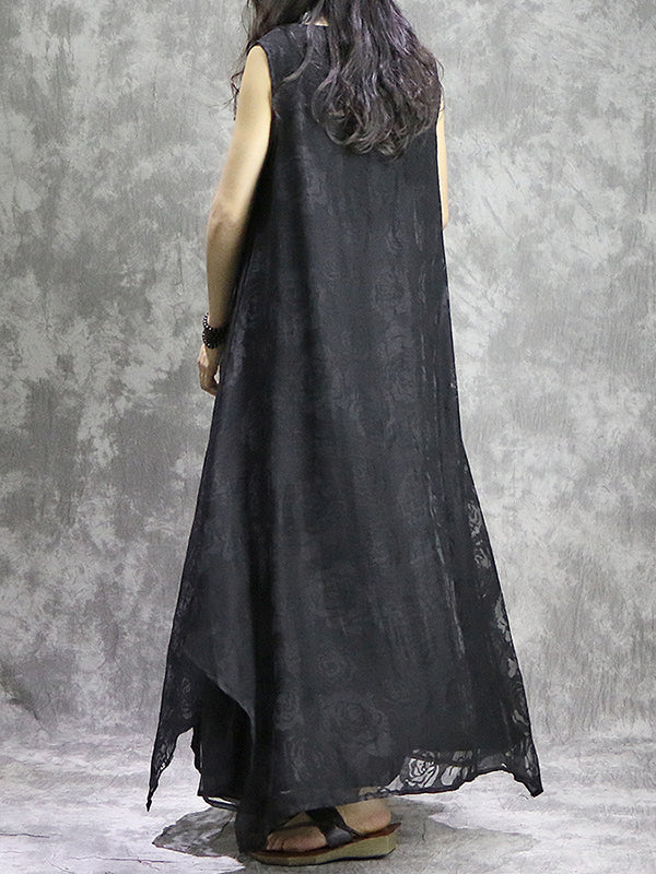 Flower Print Solid Color False Two Loose V-Neck Midi Dresses