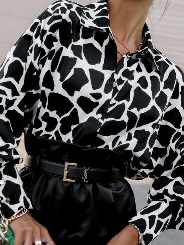 Contrast Color Printed Long Sleeves Loose Lapel Blouses