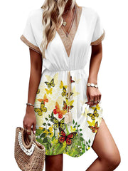 Butterfly Print Elasticity Hollow Split-Joint Tasseled Tied Waist A-Line Loose V-Neck Mini Dresses