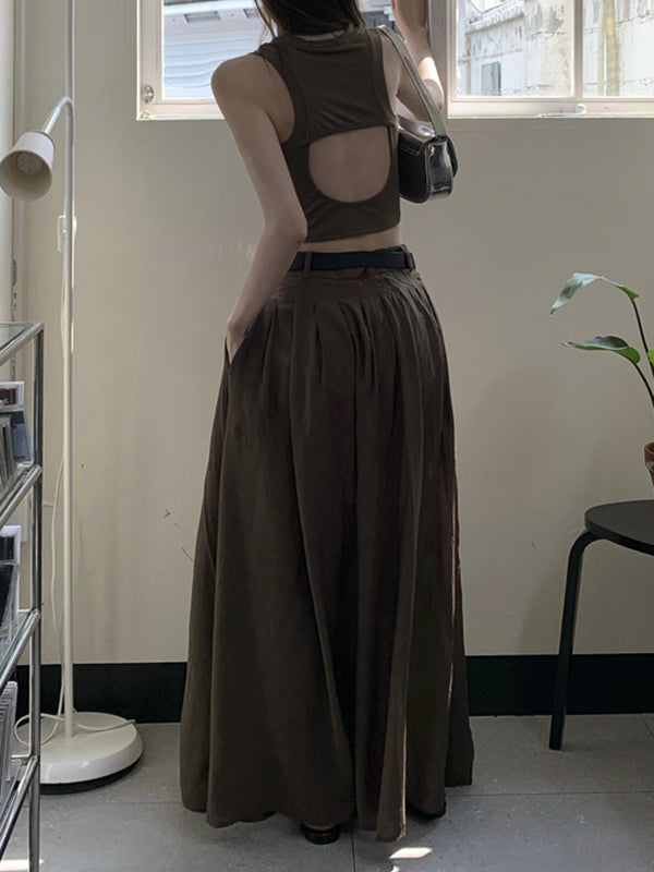 Belted Pleated Pockets Solid Color High Waisted Loose Skirts Bottoms