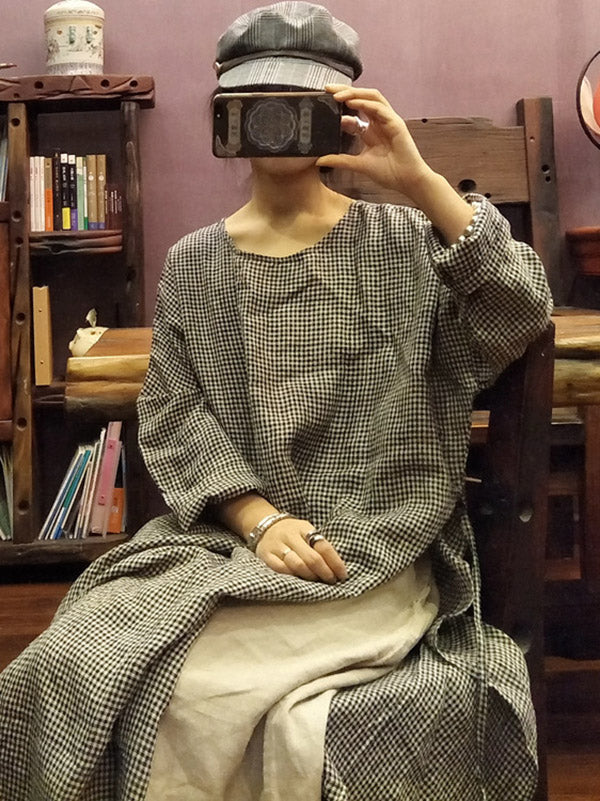 Loose Vintage Washable Plaid Split-Side Dress