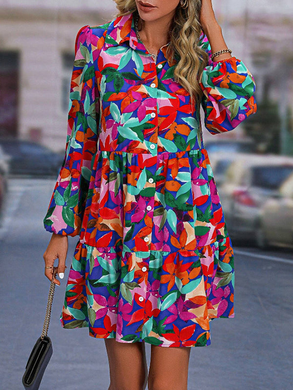 Floral Printed Pleated Printed Split-Joint Loose Puff Sleeves Lapel Mini Dresses