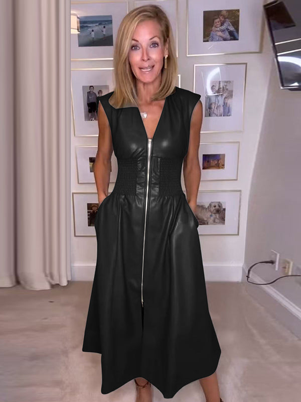 Pockets Solid Color Split-Joint Zipper A-line Elasticated Waist V-neck Midi Dresses