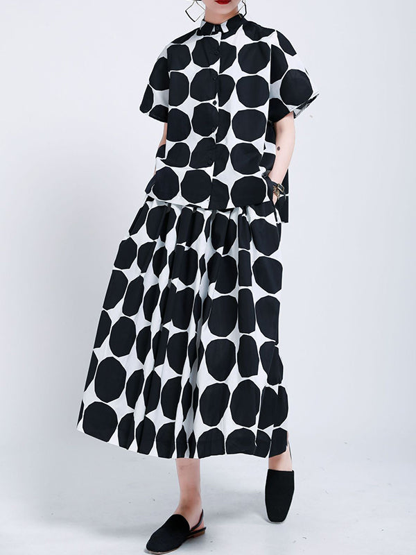 Mock Neck Buttoned Pockets Polka-Dot Blouses Top + A-Line High Waisted Skirts Bottom Two Pieces Set