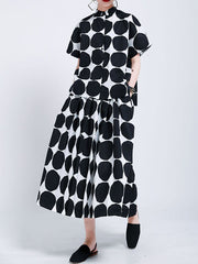 Mock Neck Buttoned Pockets Polka-Dot Blouses Top + A-Line High Waisted Skirts Bottom Two Pieces Set