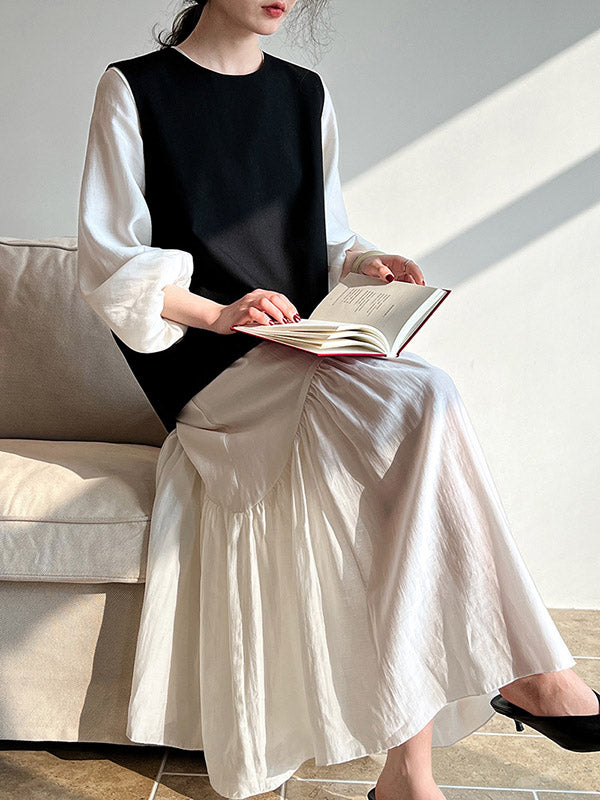 Elasticity Pleated Solid Color Split-Joint Zipper High Waisted Long Sleeves V-Neck Midi Dresses