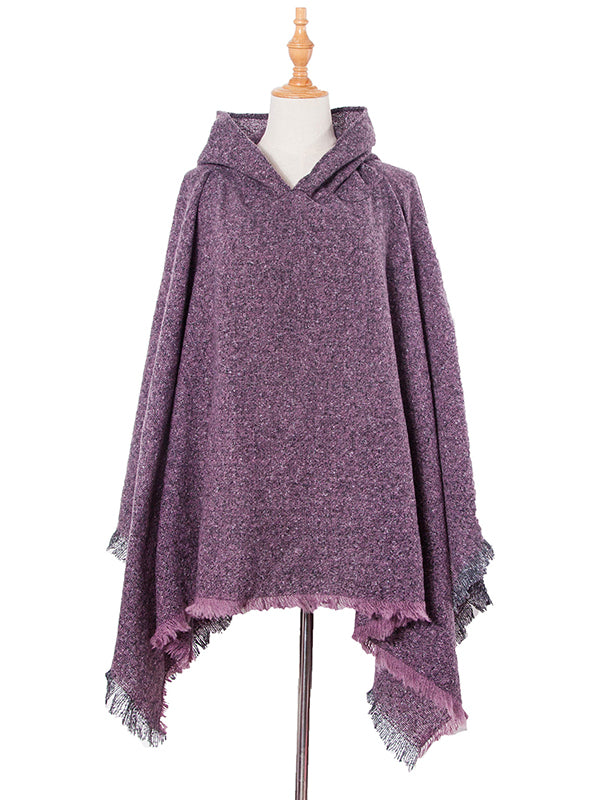 Fringed Hooded Keep Warm Solid Color Shawl&Cloak Cape