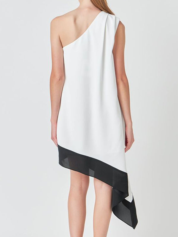 Asymmetric Contrast Color Pockets Split-Joint A-Line Loose One-Shoulder Midi Dresses