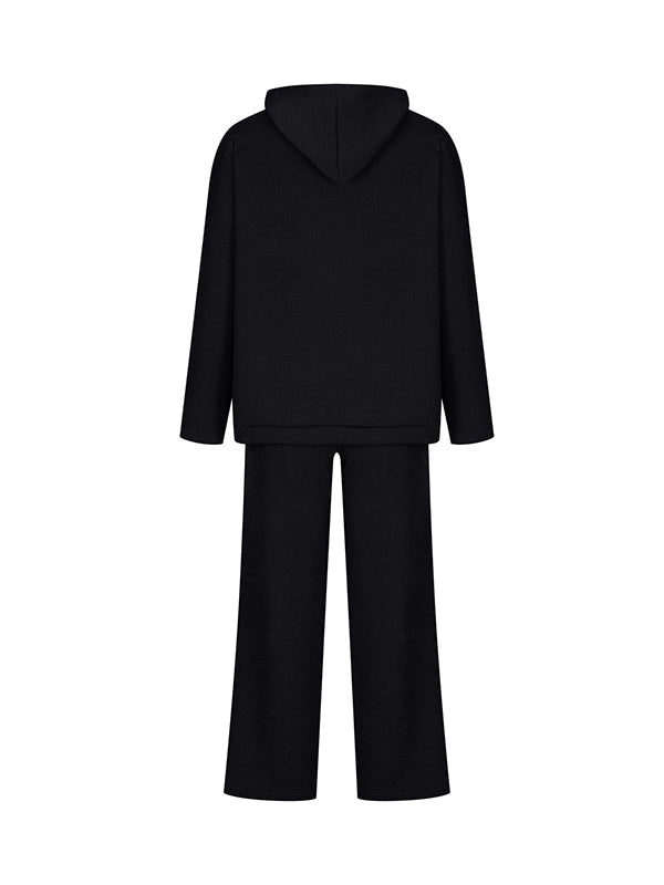 Solid Color Loose Round-Neck Hooded Long Sleeves Sweater Top + Drawstring Pants Bottom Two Pieces Set