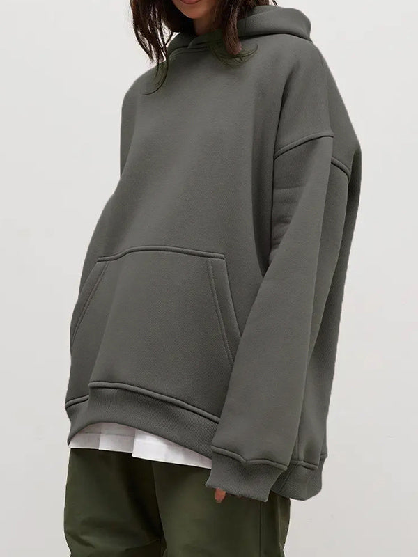 Pockets Solid Color Velvet Long Sleeves Loose Hooded Hoodies Tops