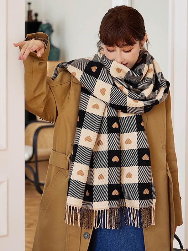 Casual Contrast Color Heart Plaid Jacquard Shawl&Scarf