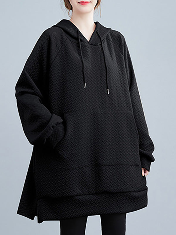 Buttoned Drawstring Pockets Solid Color Split-side High-low Long Sleeves Hooded Hoodies Tops