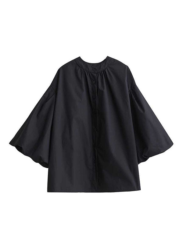 Buttoned Hollow Pleated Solid Color Loose Nine-Minute Sleeve Round-Neck Blouses&Shirts Tops