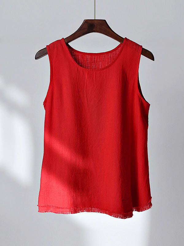 Fringed Solid Color Loose Sleeveless Round-Neck Vest Top