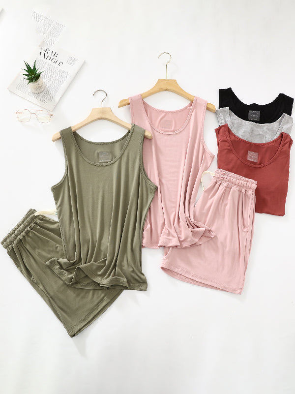 Drawstring Elasticity Pleated Solid Color Loose Sleeveless Round-neck Pajama Sets
