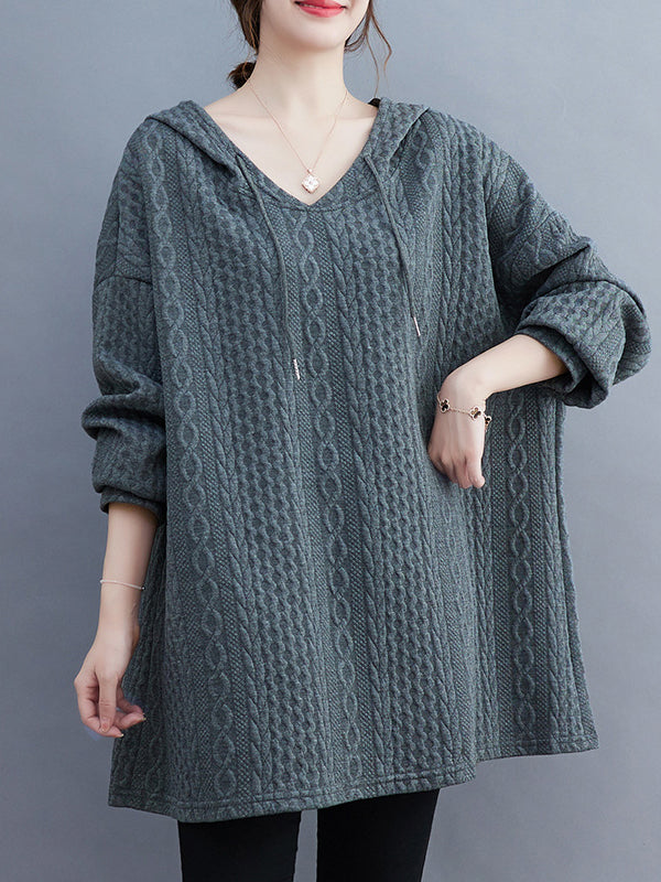 Drawstring Jacquard Solid Color Split-Joint Hooded Long Sleeves Hoodies Tops